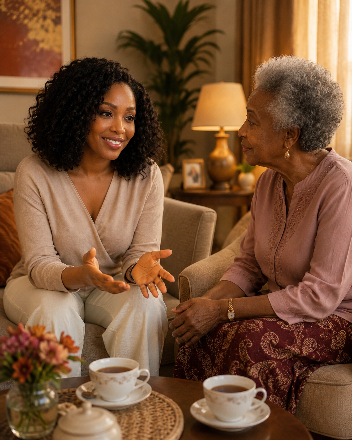 An older woman having a private conversation with a younger woman